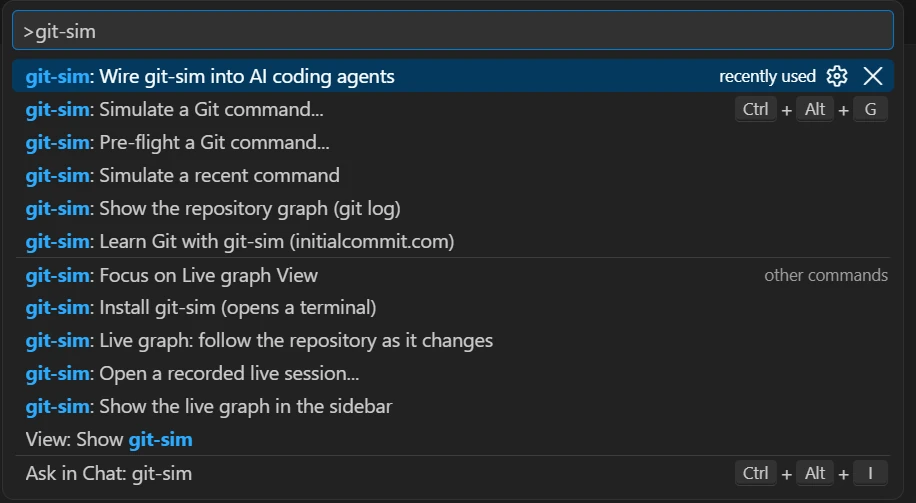 VS Code's Command Palette filtered to git-sim's commands