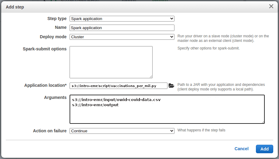 AWS EMR Add Step Dialog