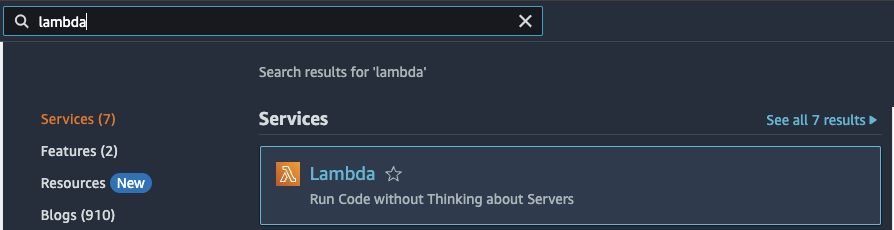 AWS Lambda services search bar