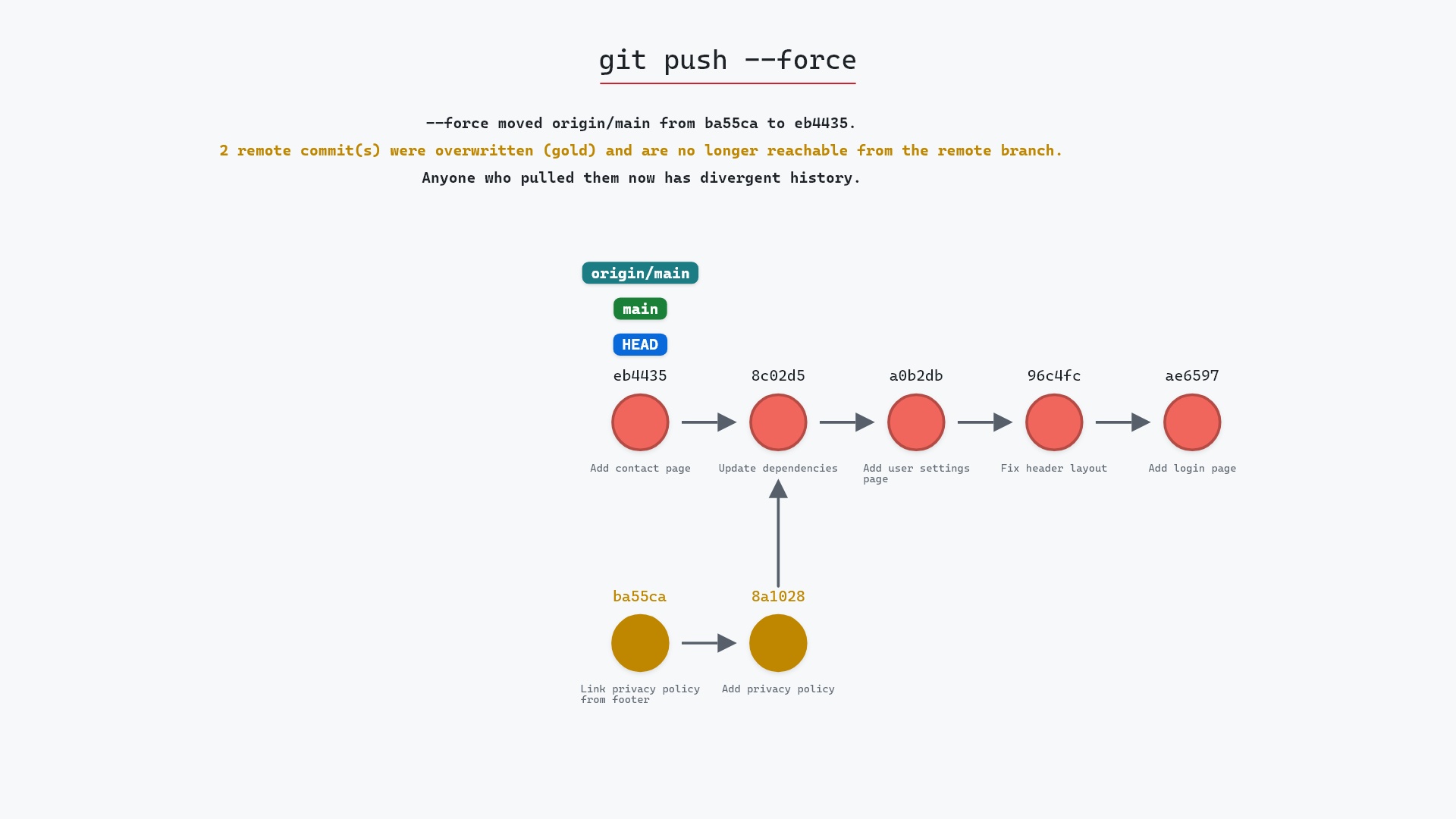 Image of git push --force: rewriting history other people have