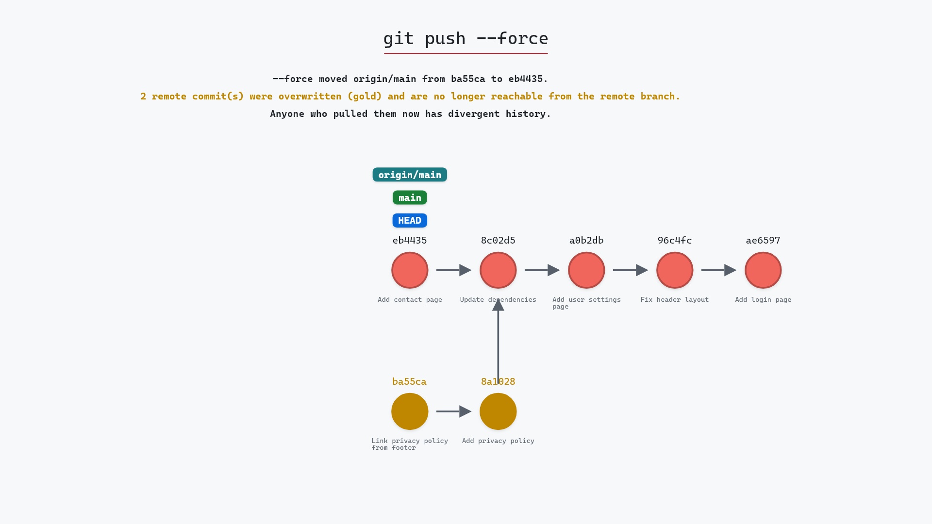 Image of git push --force: rewriting history other people have