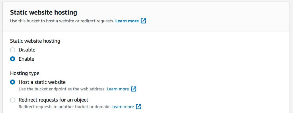Enable static site hosting for S3 bucket