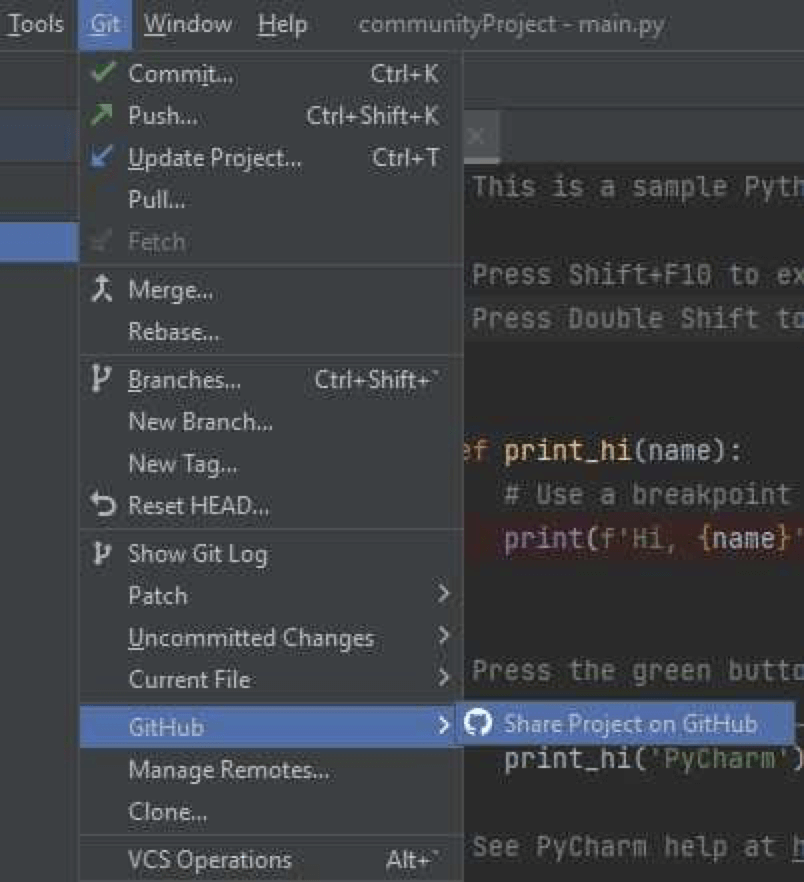 PyCharm Git Share Project on GitHub